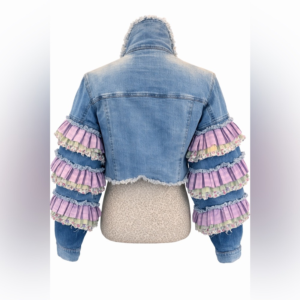 AKIRA Upcycled Ruffle Sleeve Denim Jacket Boho Patchwork Statement Jacket M - Picture 3 of 4